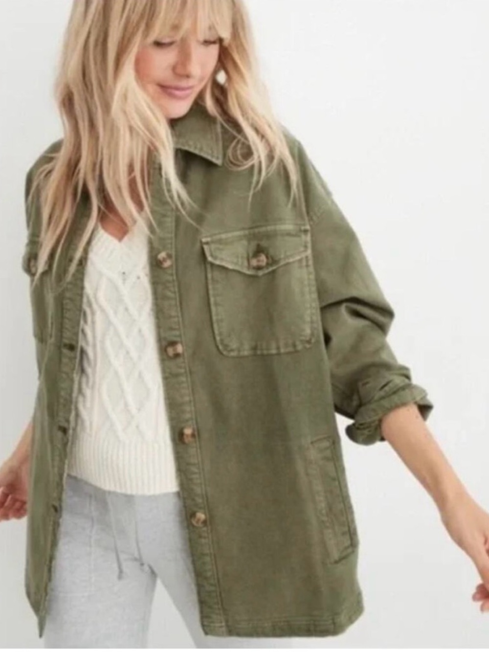 Aerie Army Green Canvas Shacket Jacket Boho Layering Fall 90s Oversized Medium
